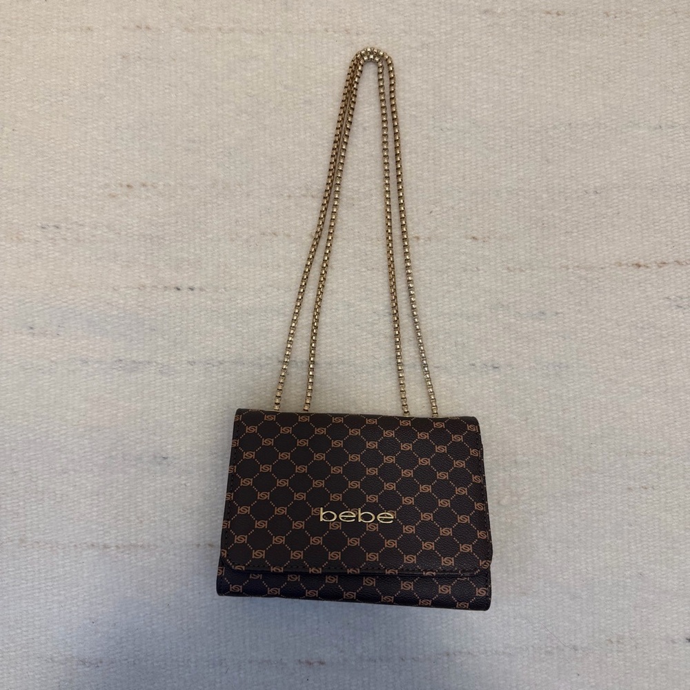 Bebe Patterned Brown Crossbody Bag with Gold Chain